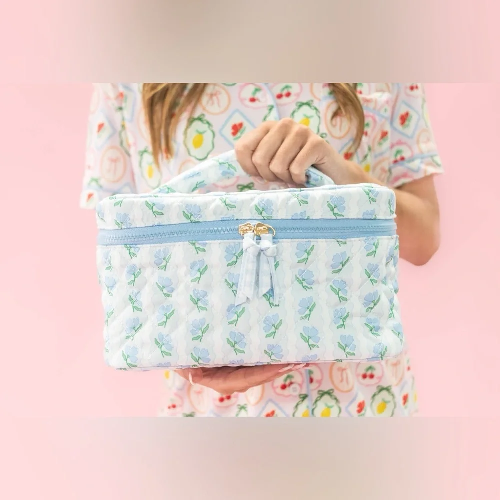 Blue Belle Floral Quilted Cosmetic Bag with Top Handle